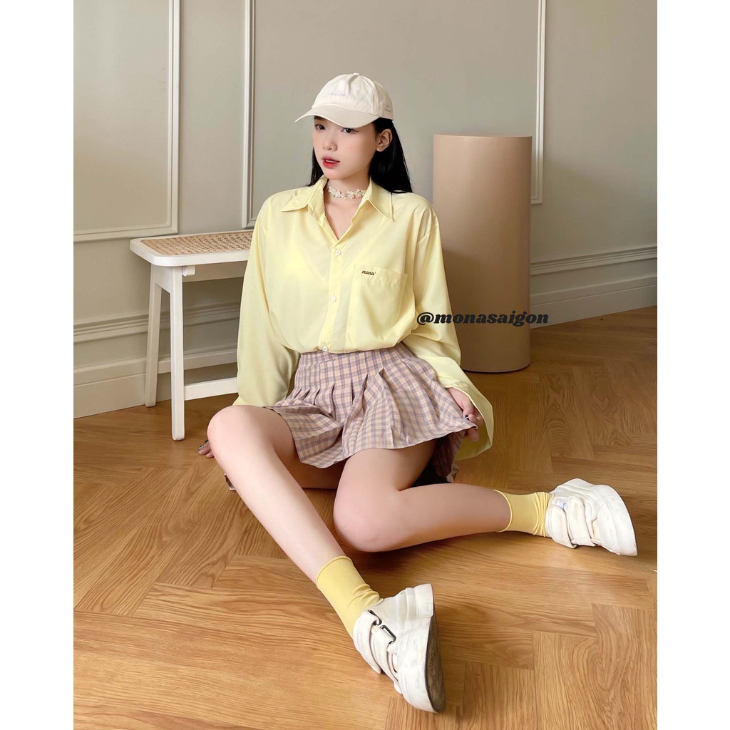 MONÁ - Áo sơmi freesize form rộng Hàn Quốc trắng/xanh mint - PAPA SHIRT