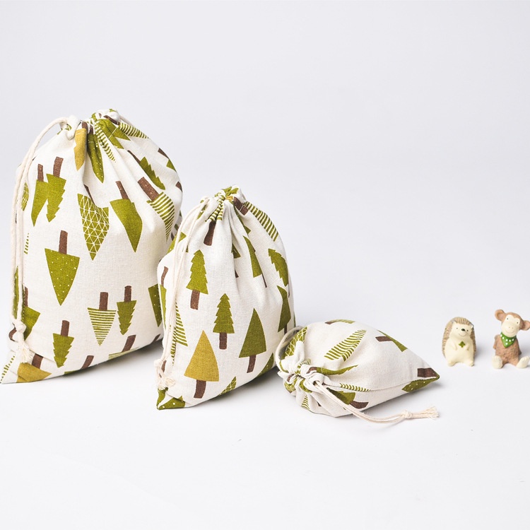 Túi dây rút vải lanh cotton in hình cây thông Noel