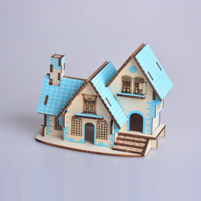 Mô hình lắp ráp 3D gỗ - Mini blue house cắt laser
