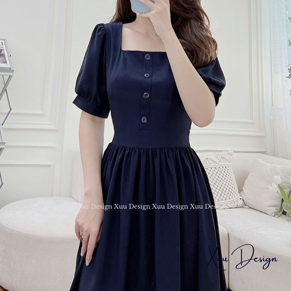 Váy nữ thiết kế XUU kiểu cổ vuông dáng xòe kiểu dáng nhẹ nhàng thanh lịch - V09