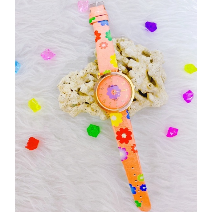 ❤️Đồng Hồ Nữ, Đồng Hồ Bé Gái + Tặng Pin, Mặt Hoa Tím, Dây Da Cam Cao Cấp Như Hình