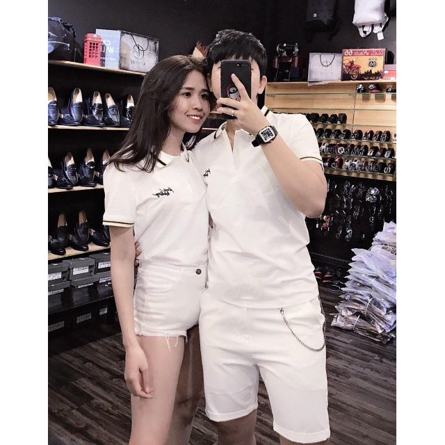 Áo thun cặp nam nữ ngắn tay có cổ màu trắng chất cotton cao cấp