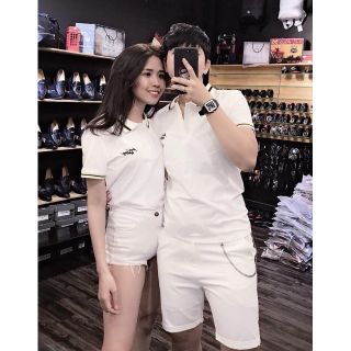 Áo thun cặp ngắn tay cổ sơmi màu trắng 100% cotton