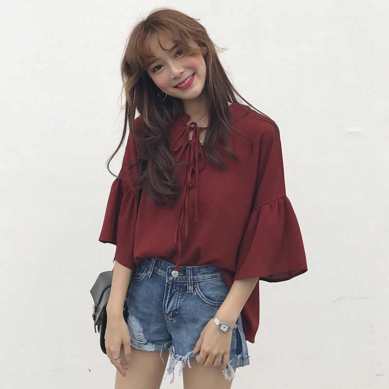 áo sơ mi buộc nơ ulzzang order áo sơ mi voan lửng tay dáng hàn quốc KÈM ẢNH THẬT