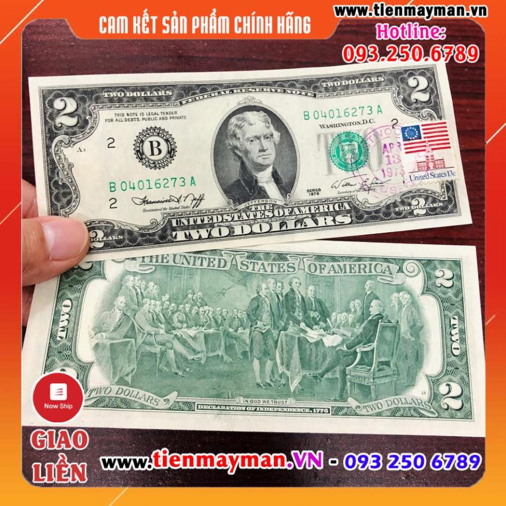 [RẺ VÔ ĐỊCH] Tờ 2 USD 1976 may mắn dán tem đóng dấu bưu điện ngày phát hành đầu tiên 14-3-1976, hiếm gặp