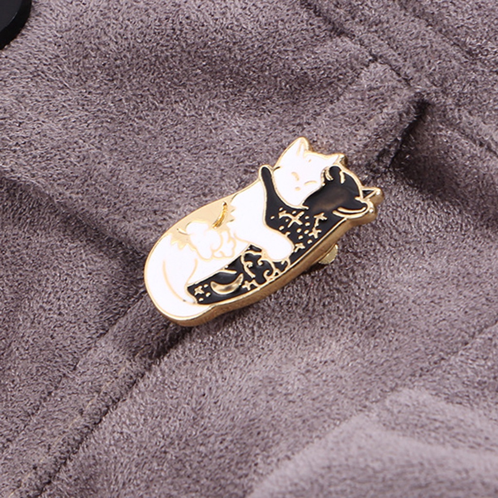 YOML✔Cute Black White Hugging Cat Enamel Brooch Pin Denim Jacket Collar Badge Gift