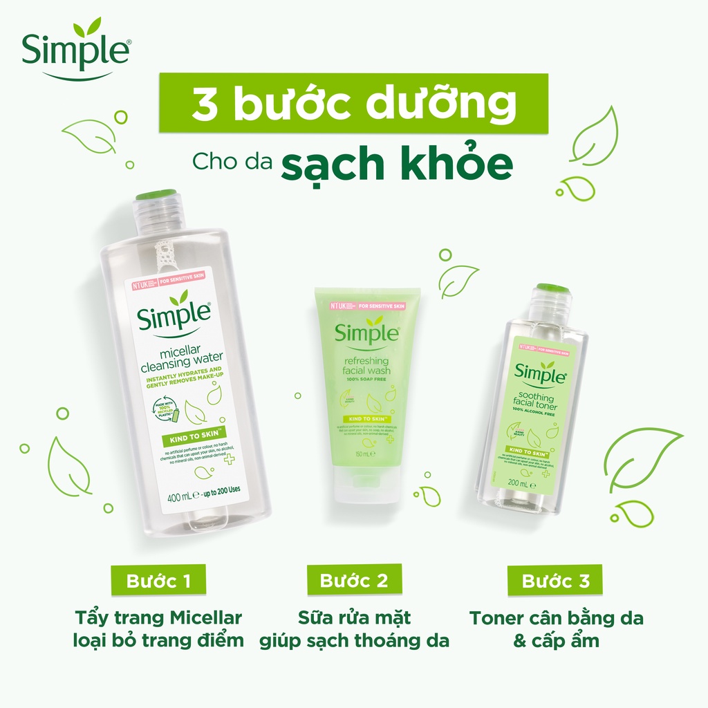 Nước tẩy trang Simple Micellar làm sạch trang điểm không chứa cồn gây khô rát 400ML