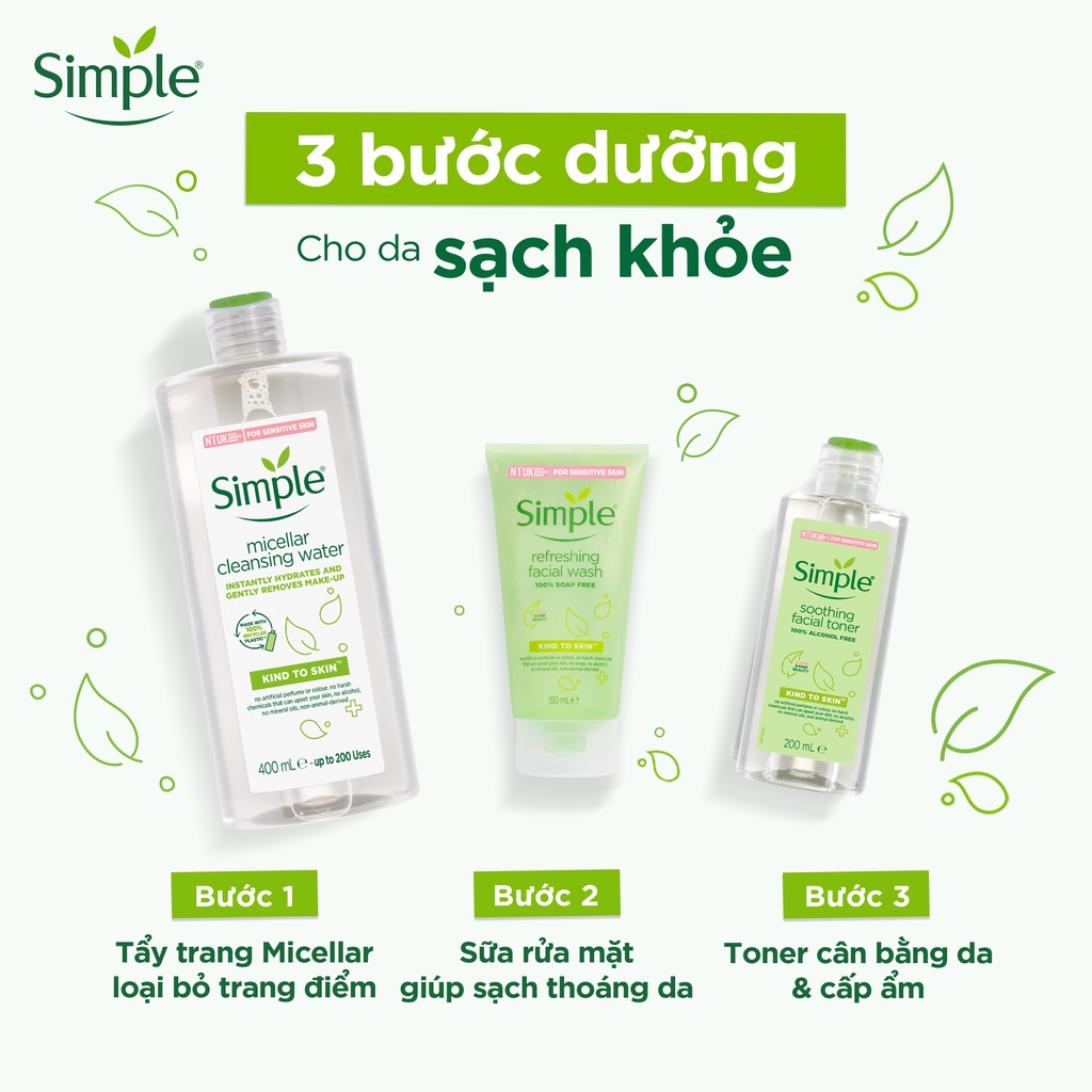 [CHÍNH HÃNG - MUA 400ML TẶNG 200ML] Nước tẩy trang Simple Micellar làm sạch trang điểm không chứa cồn gây khô rát 400ML