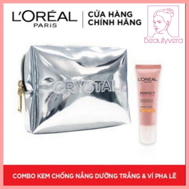 Combo Kem chống nắng L'Oreal Paris Perfect Instant White SPF15ml minisize &amp; Túi trang điểm pha lê Crystal Bag