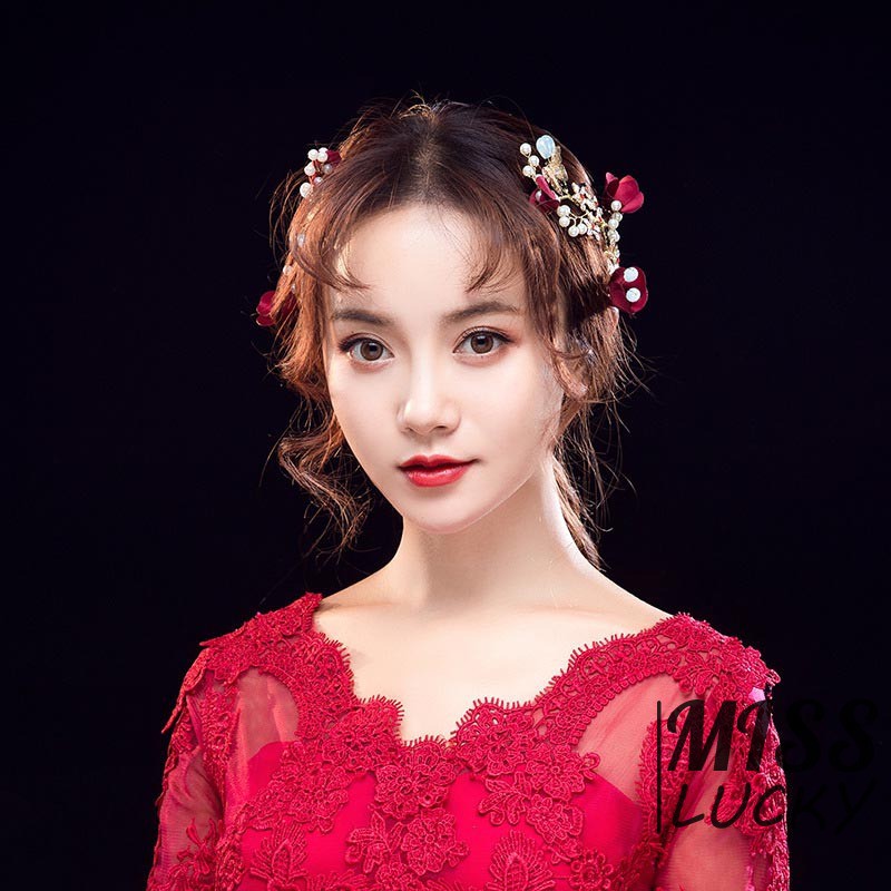 Red Wedding Bride Headdress Hairpin Clip Jewelry Accessories Flowers Ornaments New styles Roses Goddes Style Barrett