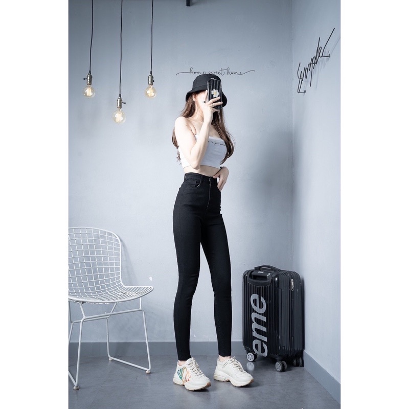 Quần Jeans Mềm Nữ Skinny Lưng Cao, Quần bò nữ ôm cạp cao màu đen Co Giãn Tốt, Tôn Dáng