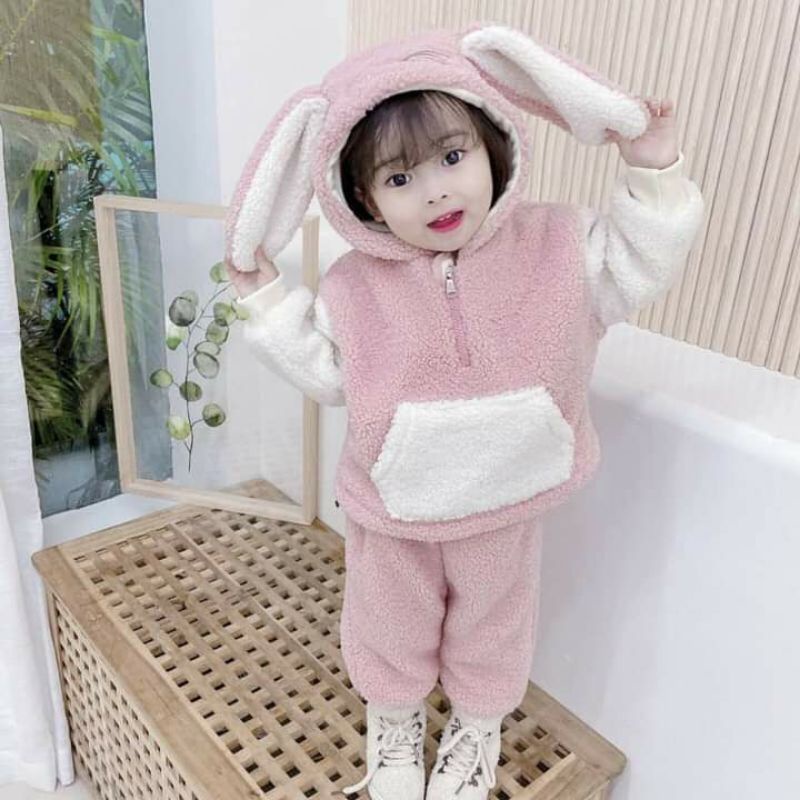 Bộ nỉ gấu lông thỏ dầy ấm cho bé, Sét quần áo dài tay cho bé trai bé gái
