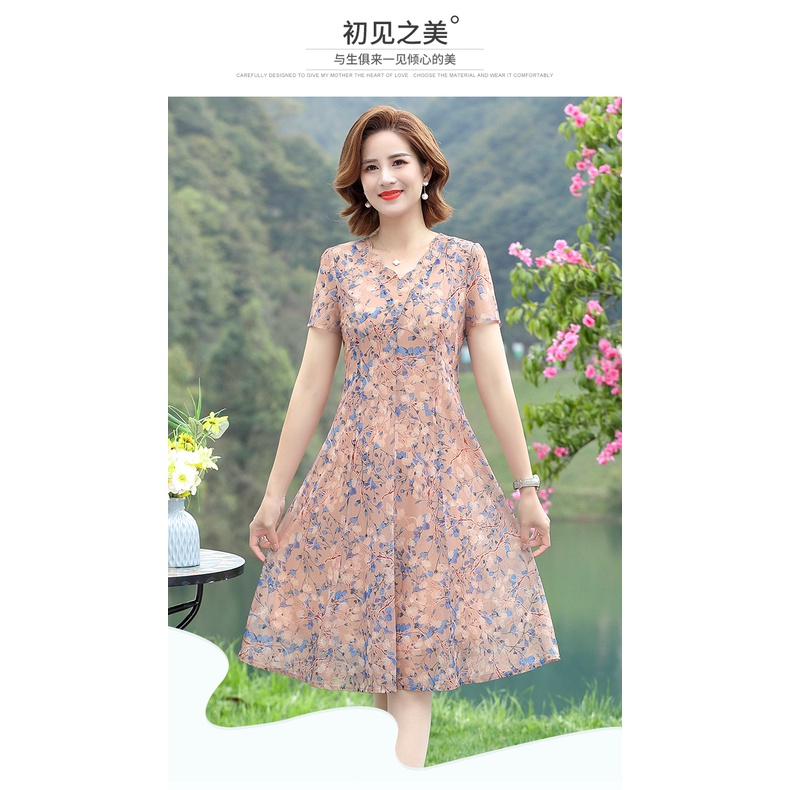 Đầm Chiffon In Hoa Thời Trang Mùa Hè Cho Phụ Nữ Trung Niên 40-50 Tuổi