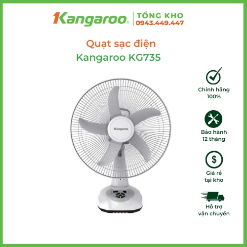 Quạt sạc điện Kangaroo KG735 - Sử dụng liên tục đến 45 tiếng - Tích hợp 4 đèn LED - Tích hợp cổng ra USB 5V