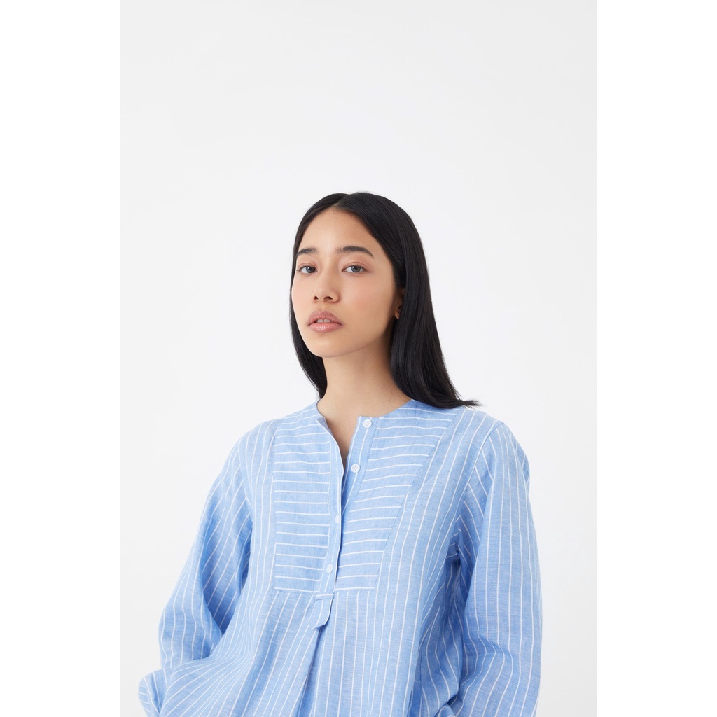 TheBlueTshirt - Áo Sơ Mi Nữ Vải Lanh Xanh Dương Sọc Trắng - Earth Linen Shirt - 100% Linen Blue Stripe