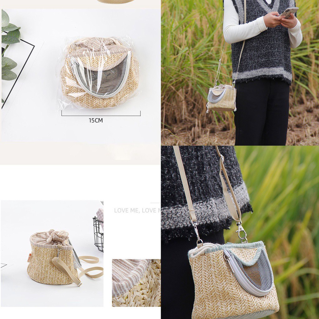 Túi Đeo Vai Bằng Rơm Phối Lưới Thoáng Khí Màu Sắc Cà Phê Cho Hamster/ Sóc/ Thú Cưng