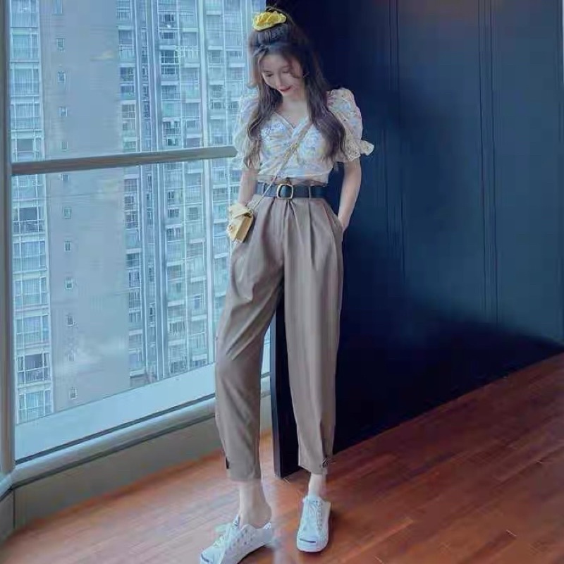 Sét áo sơ mi croptop+ quần kaki cao cấp hàng sẵn có bán lẻ