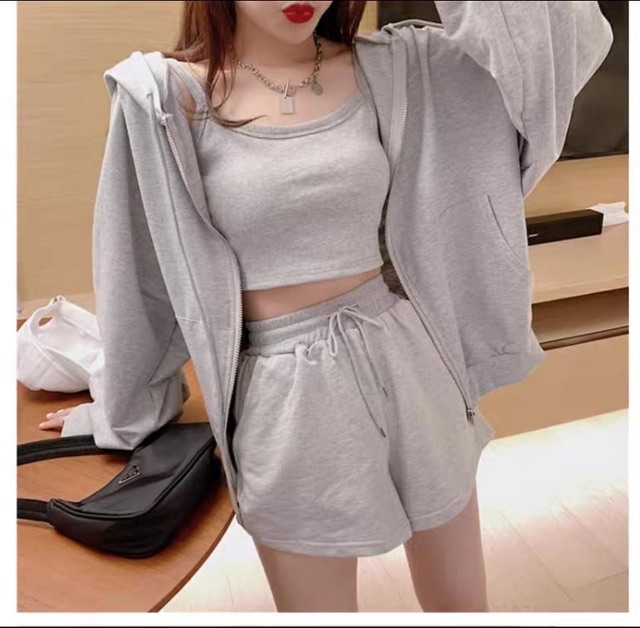 SET THỂ THAO 3 MÓN ( ÁO KHOÁC NỈ MŨ + ÁO 2 DÂY CRT + QUẦN SOOC CHUN ) | BigBuy360 - bigbuy360.vn