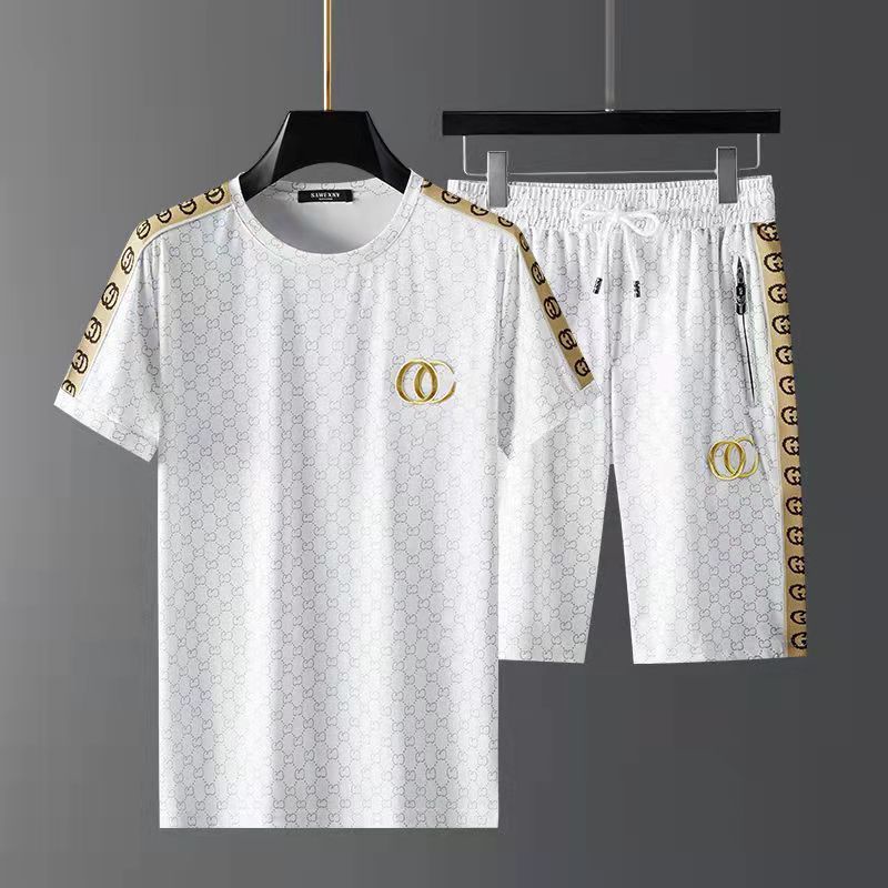 Bộ Đồ Thể Thao Áo Thun Tay Ngắn Cổ Tròn + Quần Short Bằng Lụa Lạnh Cao Cấp Thêu Họa Tiết Phong Cách Đường Phố Thời Trang Mùa Hè Cho Nam
