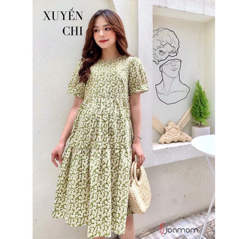 Váy Bầu Hạ Mát Xuyến Chi Chất Liệu Lụa Kaki Giấu Bụng