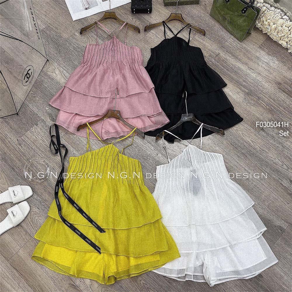 Set áo hai tầng ngực phối dập ly cổ yếm kèm quần short!