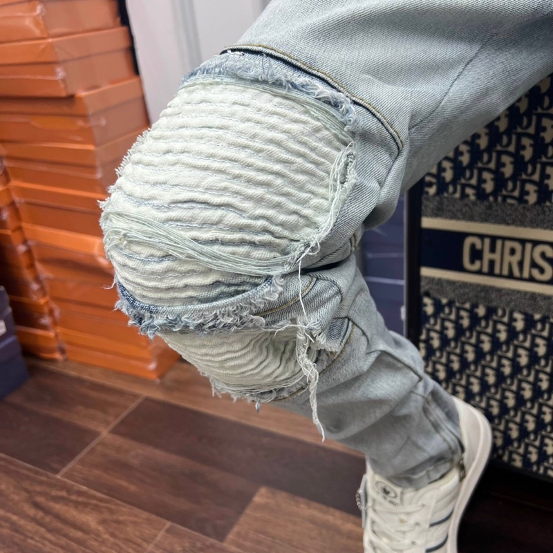 Quần Biker Nam Rách Gối Phối Da Nhăn Cực Đỉnh