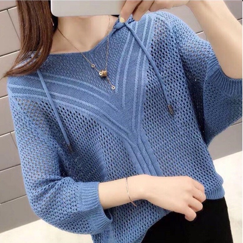 Áo len Quảng Châu Cánh dơi có nón màu xanh