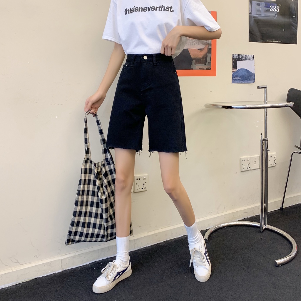 Quần short jean denim nữ Dáng suông thiết kế Lưng cao Hàn Quốc Quần đùi sooc Cạp cao Ống suông Mùa Hè Thời trang