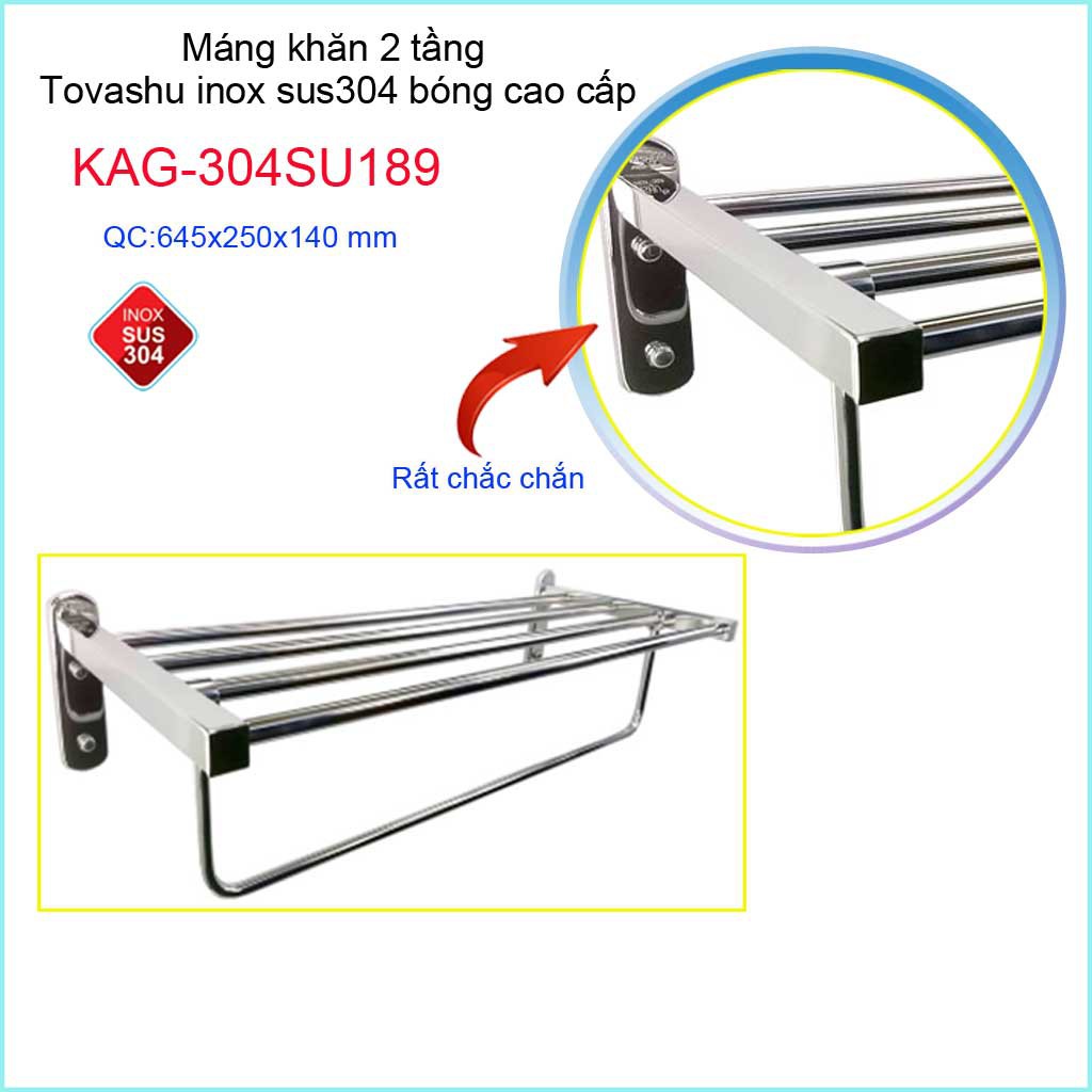 Thanh treo khăn tắm Tovashu KAG-304SU189, Giá treo khăn phòng tắm Inox hộp cao cấp SUS304 Nhật Bản