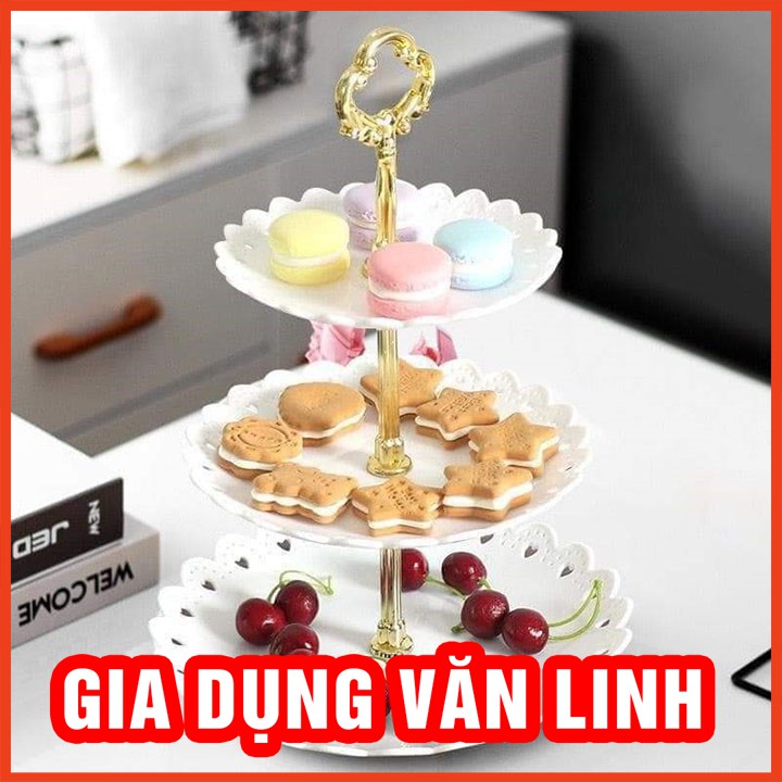 Khay đựng bánh kẹo💖FREESHIP💖Khay bánh kẹo 3 tầng mạ vàng bằng nhựa đựng hoa quả hình vuông hình tròn trục mạ vàng