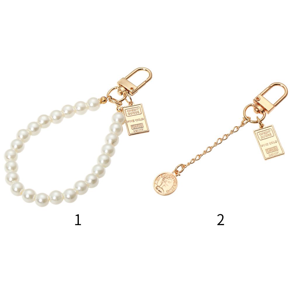 Móc khóa hình đồng xu đính ngọc trai nhân tạo xinh xắn phong cách vintage