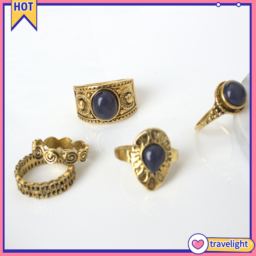 Set 5 Nhẫn Đính Đá Xanh Phong Cách Bohemian Cổ Điển Cho Nữ