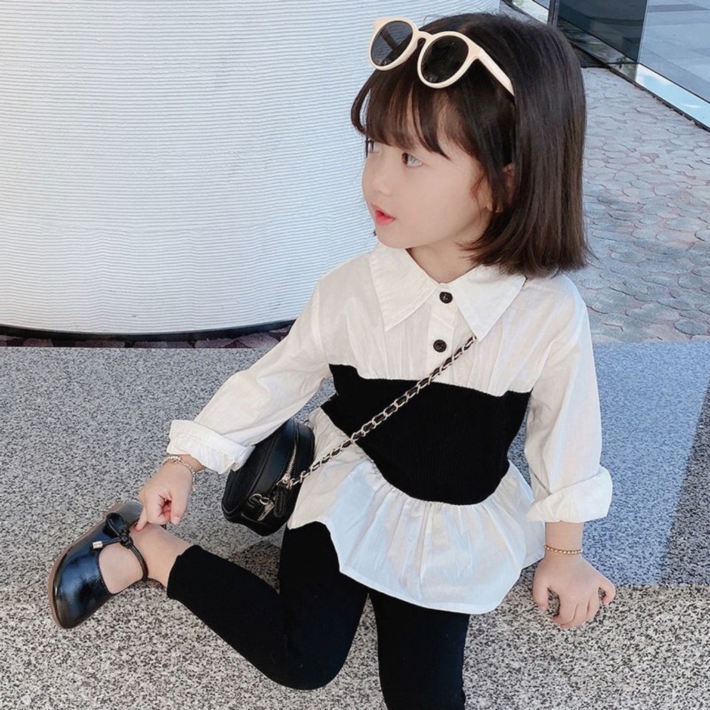 Bộ sơ mi trắng phối đen quần legging bé gái