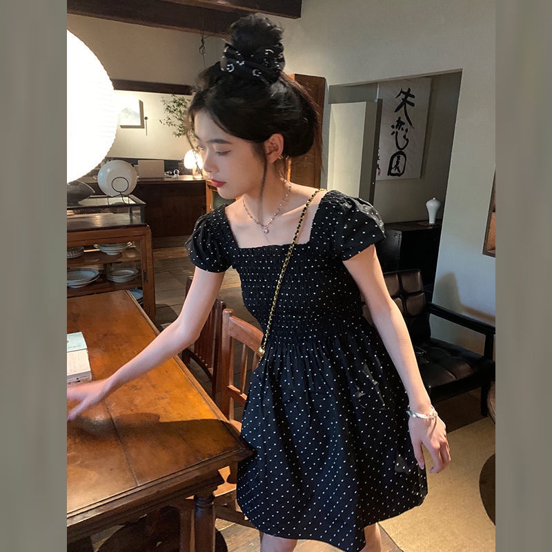 Đầm Ngắn Cổ Vuông Họa Tiết Chấm Bi Màu Đen Phong Cách Pháp Cho Nữ  tao bao
