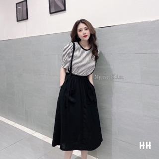 (Hàng có sẵn) SET áo thun kẻ mix chân váy yếm, váy 2 dây đen hot trend