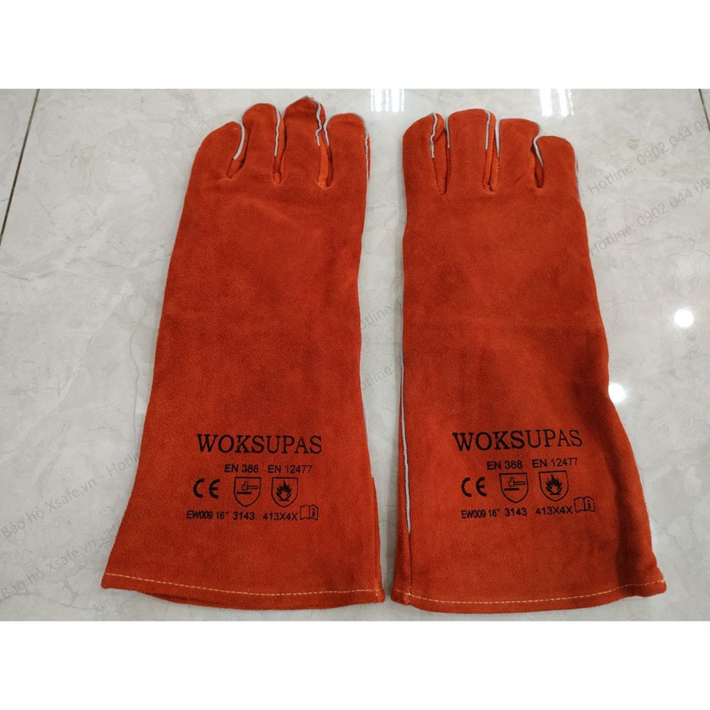 Găng tay da hàn Woksupas EW009 Bao tay hàn da bò, chống cháy, chịu nhiệt, tia lửa văng bắn, lớp lót cotton chống hầm bí