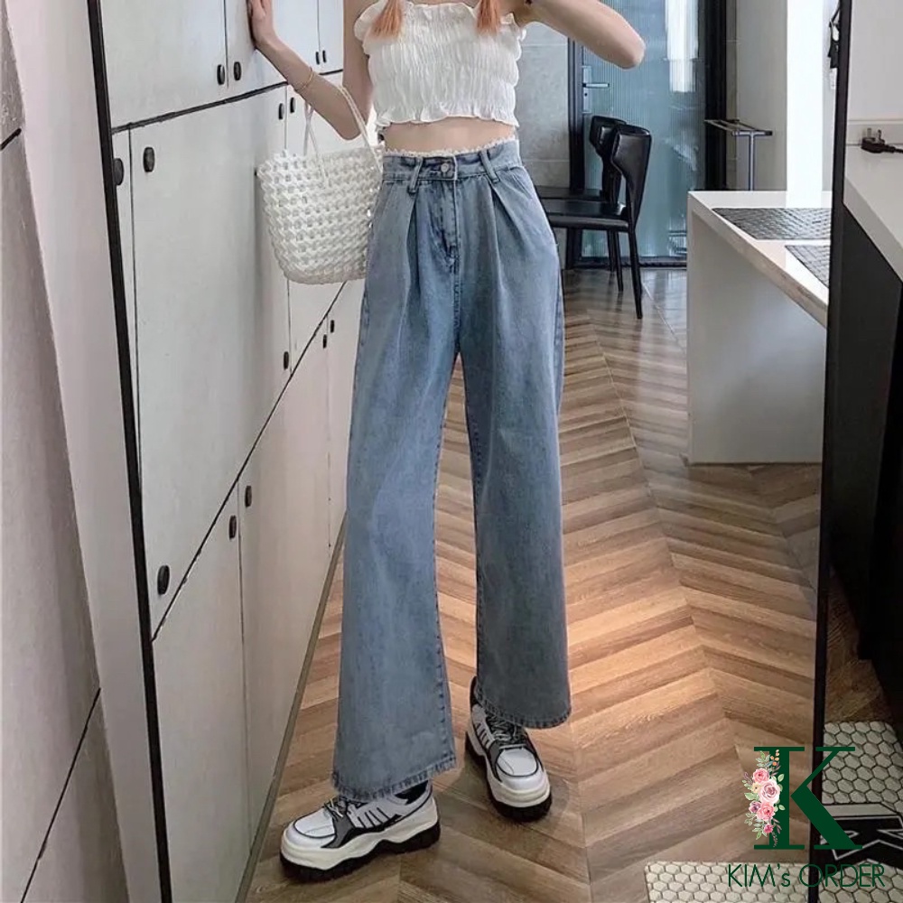 Quần jean nữ ống đứng suông màu xanh cạp ren lưng cao phong cách Ulzzang Hàn Quốc tiểu thư đi học đi làm chất đẹp loại 1