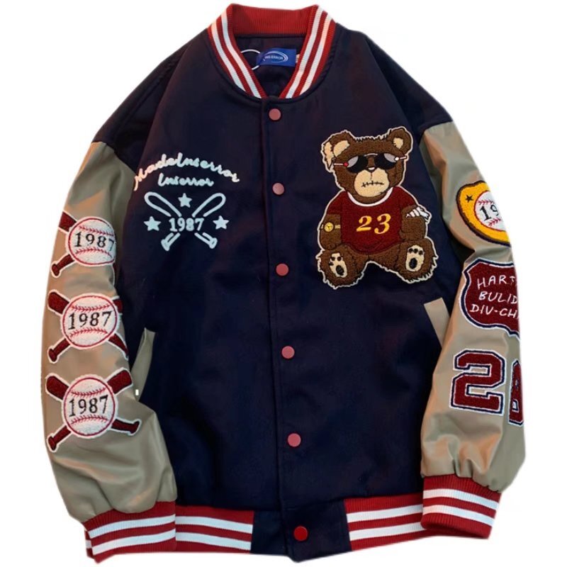 Áo Khoác Bóng Chày Da PU Tay Thêu Hình Gấu Phong Cách Retro Dành Cho Nam Nữ