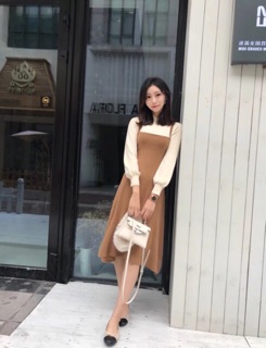 Set váy yếm len + áo len tay bồng ( kèm ảnh thật )