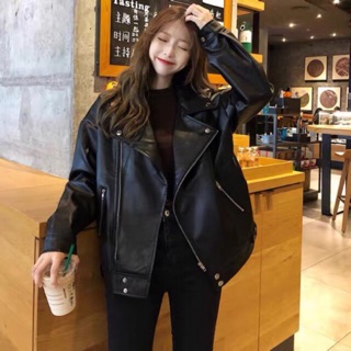 Áo Khoác Da Đen Jacket Bomber Cổ Bẻ Cá Tính Năng Động Phong Cách Unisex Siêu Chất