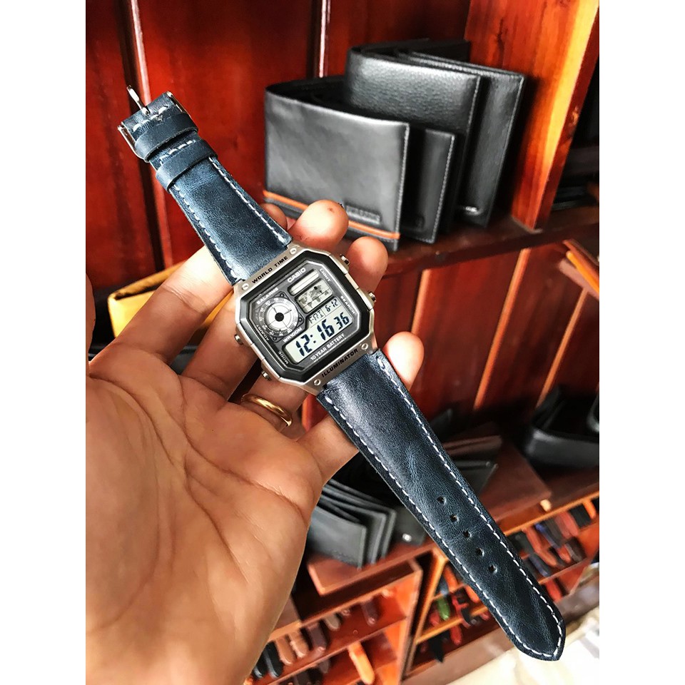 Dây Da Đồng Hồ Casio ae 1200 whd màu xanh navy kèm khóa