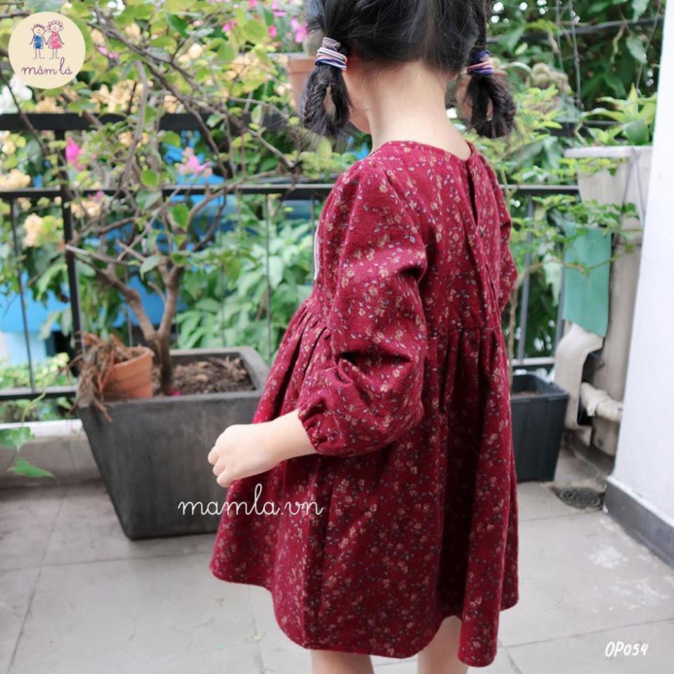 Váy đầm bé gái hoa nhí dài tay màu đỏ đô vải thô cào bông MamLa