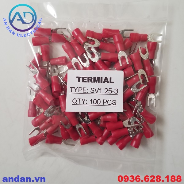 Đầu cốt chữ Y bọc nhựa SV1.25-3, SV1.25-4, SV2-4, SV3.5-5, SV5.5-5 cosse chẻ phủ nhựa, cốt chỉa càng cua – túi 100 cái