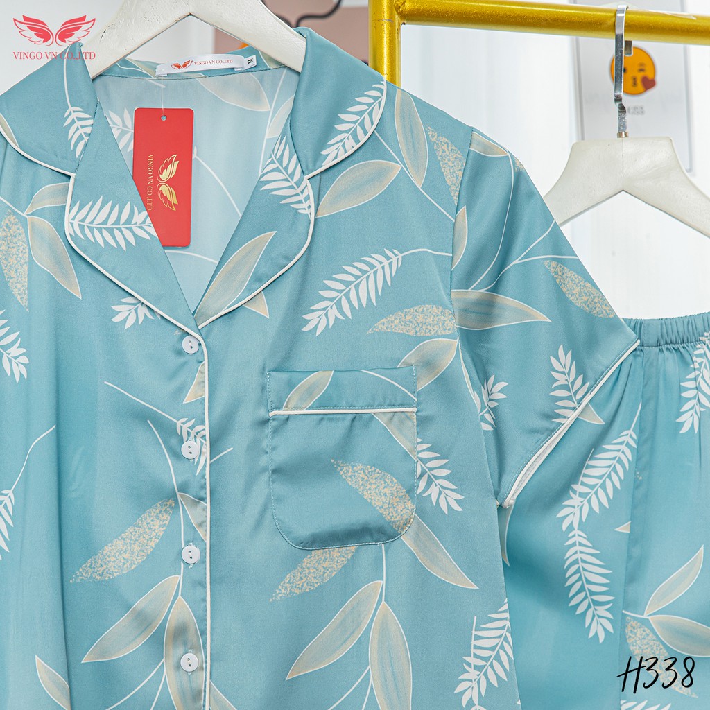 Đồ bộ nữ Pijama mặc nhà mùa Hè VINGO lụa Pháp mềm mát tay cộc quần lửng họa tiết lá cây nền xanh nhã nhặn H338 VNGO