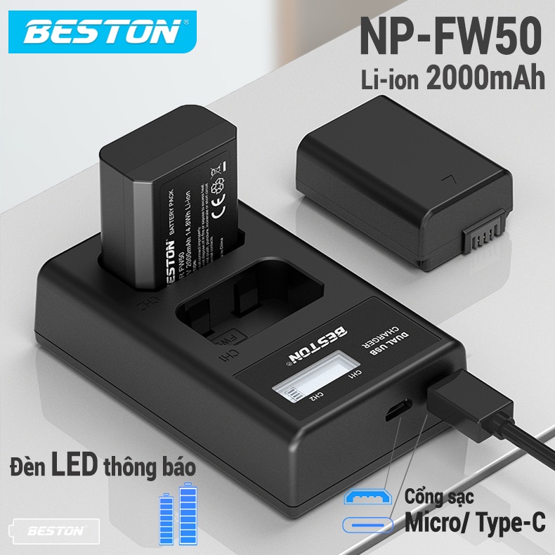 Bộ 2 Pin Sony NP-FW50 2000mAh + Sạc Đôi Beston Dùng Cho Máy Ảnh Sony A6000 A6300 A6500 A7 A7 II A7R A7S