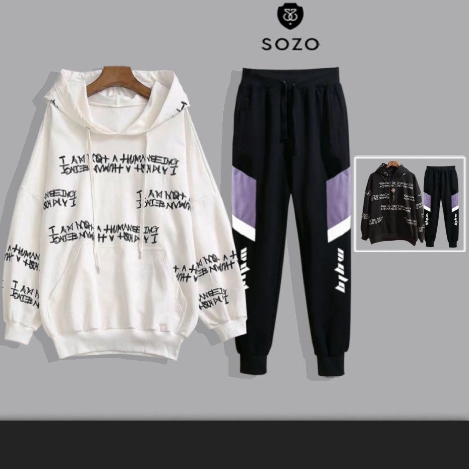 Set Bộ 2 Món Quần Dài + Áo Hoodie Nón Nam Nữ Unisex Chất Vải Nỉ CB2_MQU076THDEF6_WAH036NO (Dọc Tím Mula + In Chữ)