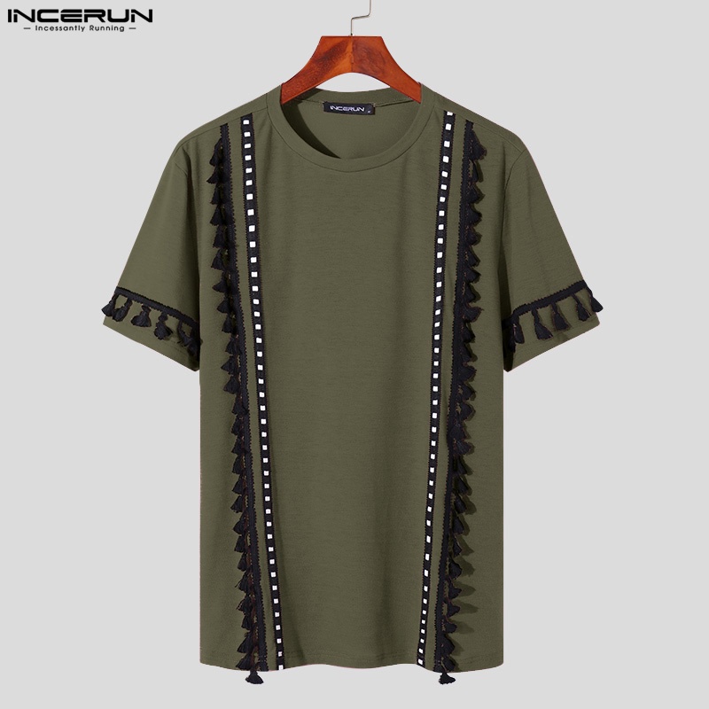Áo thun INCERUN tay ngắn cổ tròn phối tua rua kiểu thổ cẩm thời trang dành cho nam
