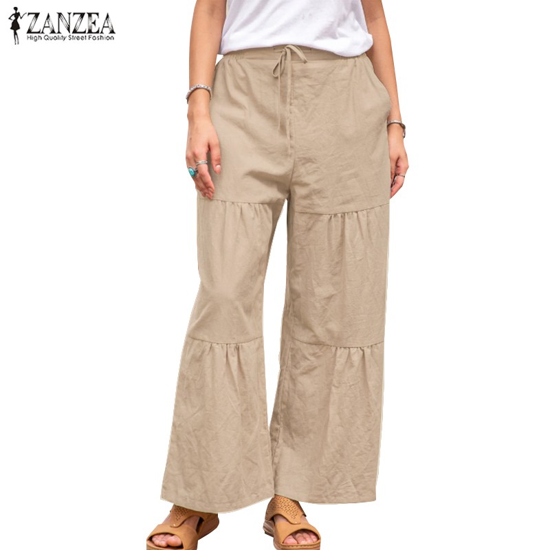 Quần dài ZANZEA ống rộng màu trơn phong cách vintage trẻ trung cho nữ