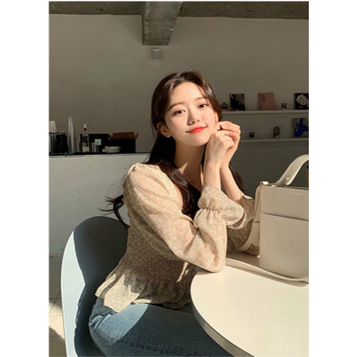 Áo chiffon nữ SUXI tay dài họa tiết hoa phong cách Hàn Quốc