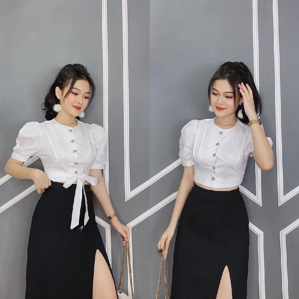 Áo Croptop Cúc Nâu Buộc Nơ | BigBuy360 - bigbuy360.vn